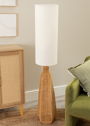 ValueLights Una White Tall Lamp Shade Rattan Midi Floor Lamp