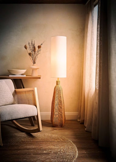 ValueLights Una White Tall Lamp Shade Rattan Midi Floor Lamp