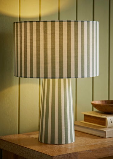 ValueLights Thorley Green Stripe Drum Shade Full Fabric Table Lamp
