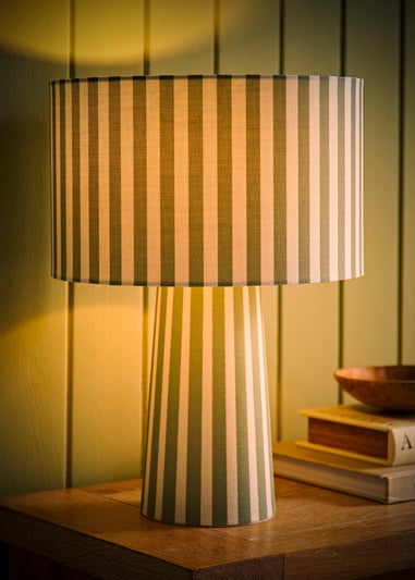 ValueLights Thorley Green Stripe Drum Shade Full Fabric Table Lamp