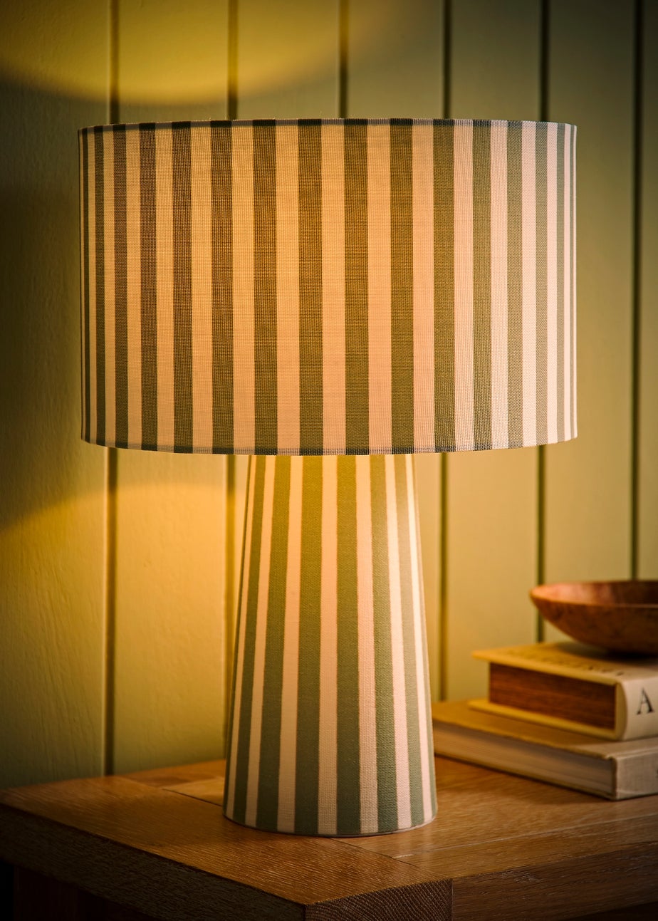 ValueLights Thorley Green Stripe Drum Shade Full Fabric Table Lamp