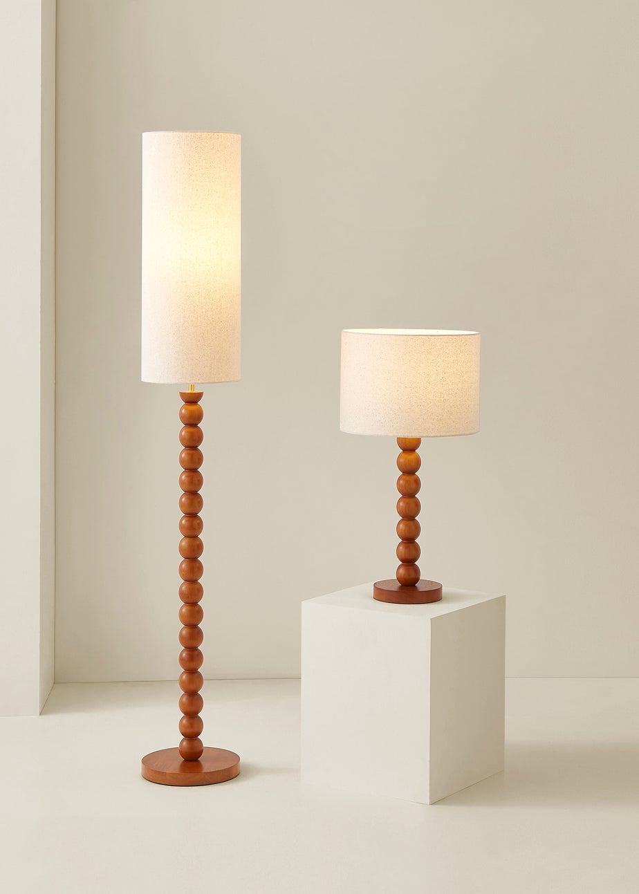 ValueLights Wyatt Linen Drum Lamp Shade Walnut Wood Bobbin Table Lamp