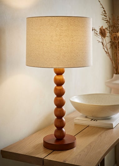 ValueLights Wyatt Linen Drum Lamp Shade Walnut Wood Bobbin Table Lamp