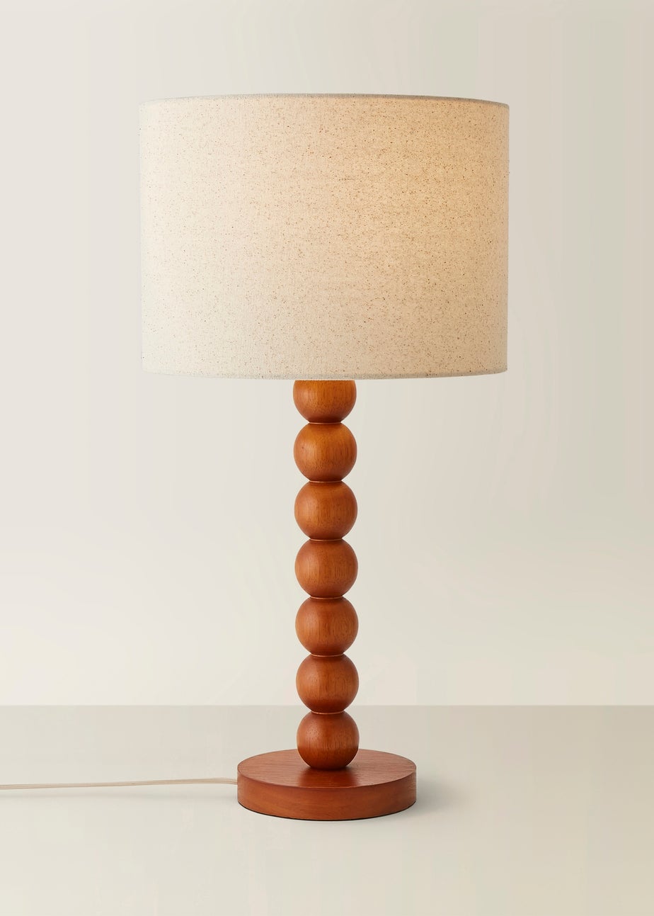 ValueLights Wyatt Linen Drum Lamp Shade Walnut Wood Bobbin Table Lamp