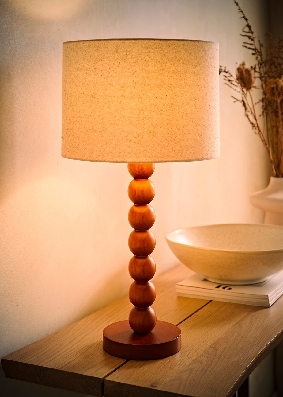 ValueLights Wyatt Linen Drum Lamp Shade Walnut Wood Bobbin Table Lamp