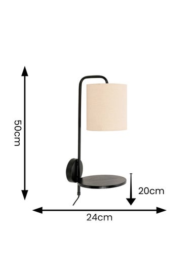 ValueLights Ryan Natural Linen Lamp Shade Metal Wall with Black Wood Shelf