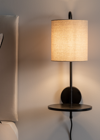 ValueLights Ryan Natural Linen Lamp Shade Metal Wall with Black Wood Shelf