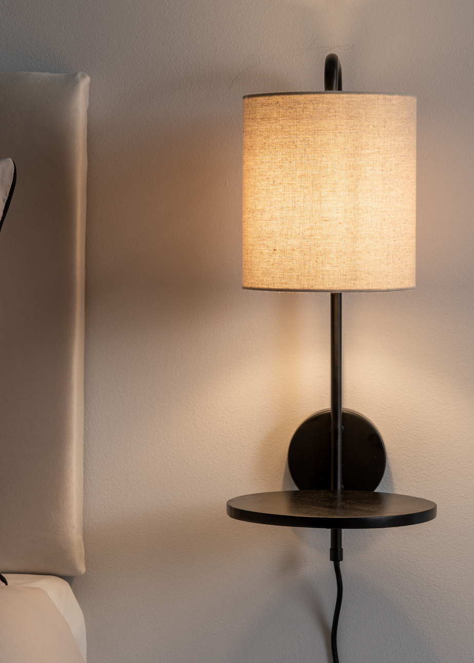 ValueLights Ryan Natural Linen Lamp Shade Metal Wall with Black Wood Shelf