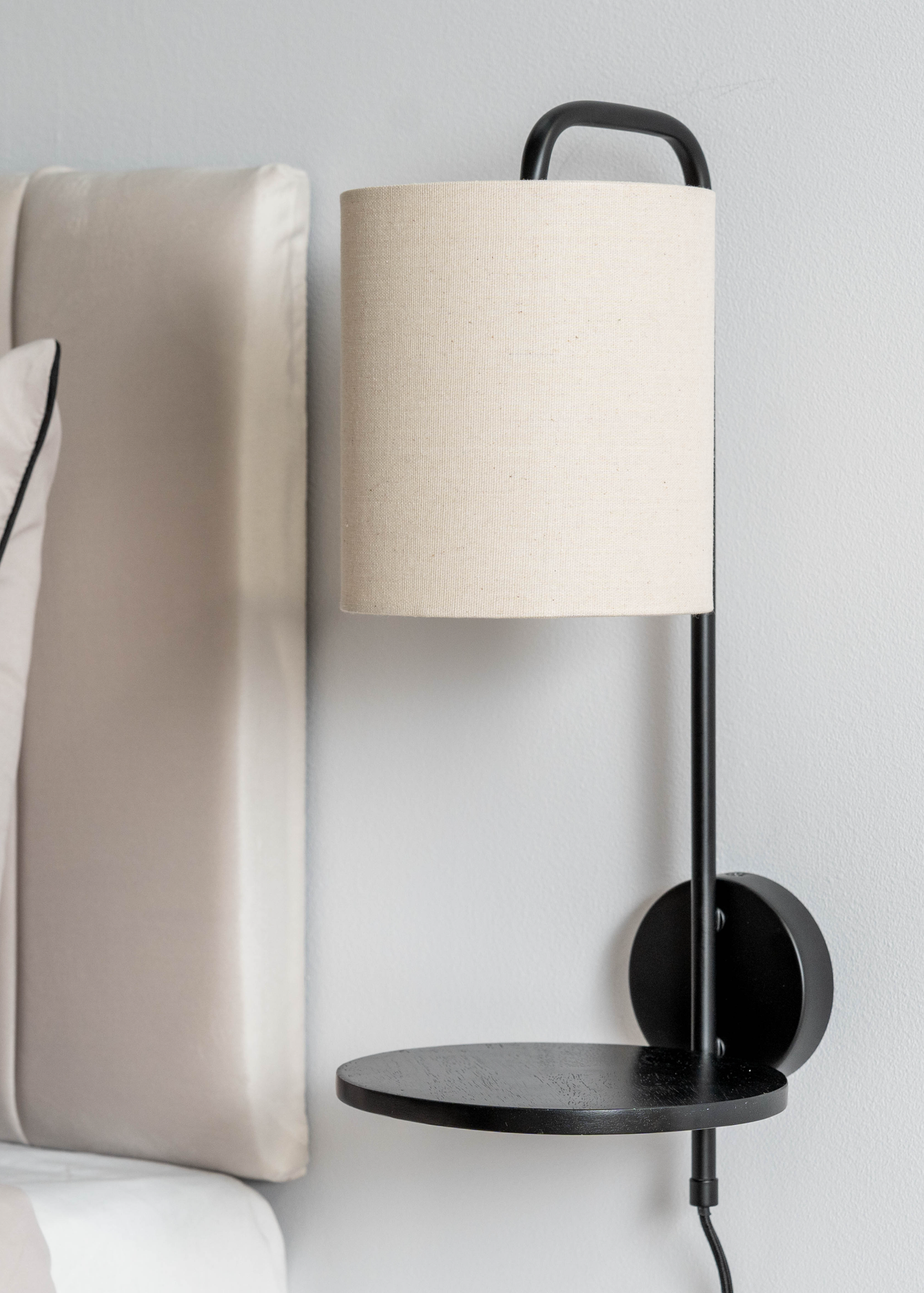 ValueLights Ryan Natural Linen Lamp Shade Metal Wall with Black Wood Shelf