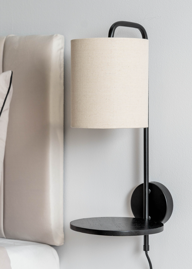 ValueLights Ryan Natural Linen Lamp Shade Metal Wall with Black Wood Shelf