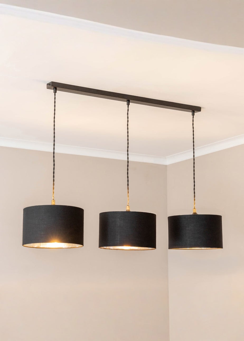 ValueLights Reni Black & Chrome Drum Shade 3 Drop Bar Diner Ceiling Pendant Light