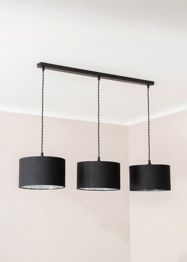 ValueLights Reni Black & Chrome Drum Shade 3 Drop Bar Diner Ceiling Pendant Light