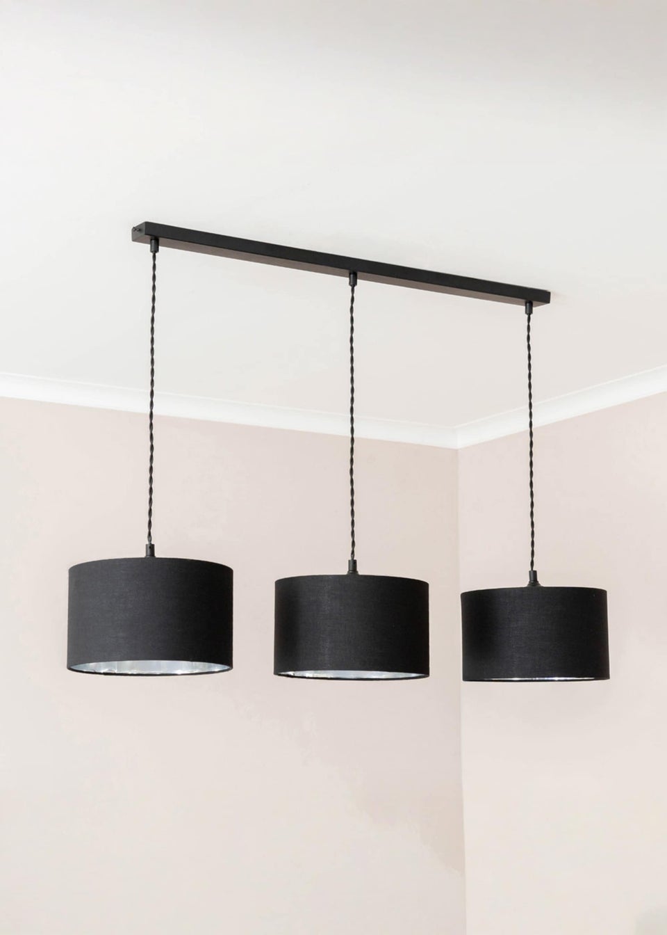 ValueLights Reni Black & Chrome Drum Shade 3 Drop Bar Diner Ceiling Pendant Light