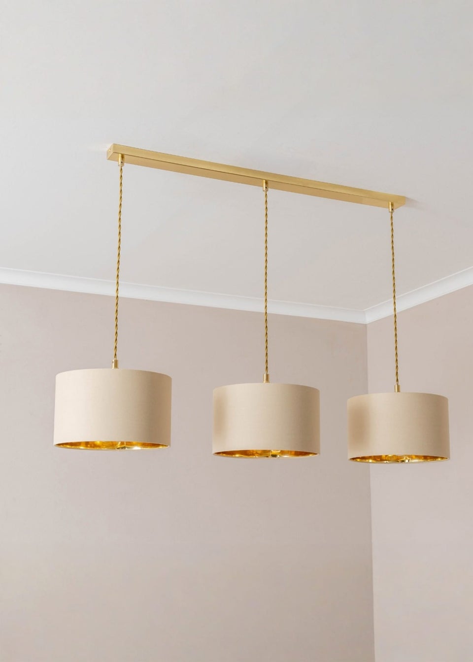 ValueLights Reni Natural & Gold Drum Shade 3 Drop Bar Diner Ceiling Light