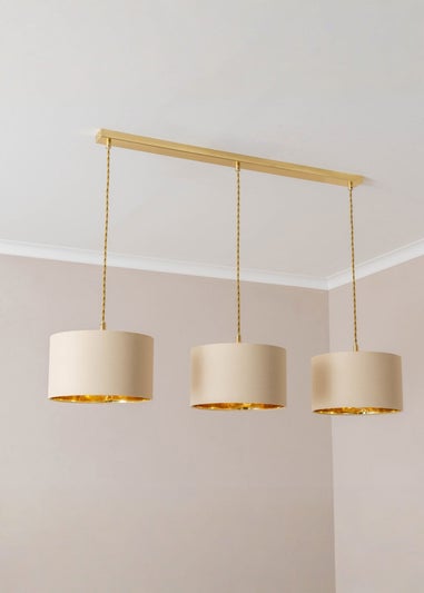 ValueLights Reni Natural & Gold Drum Shade 3 Drop Bar Diner Ceiling Light