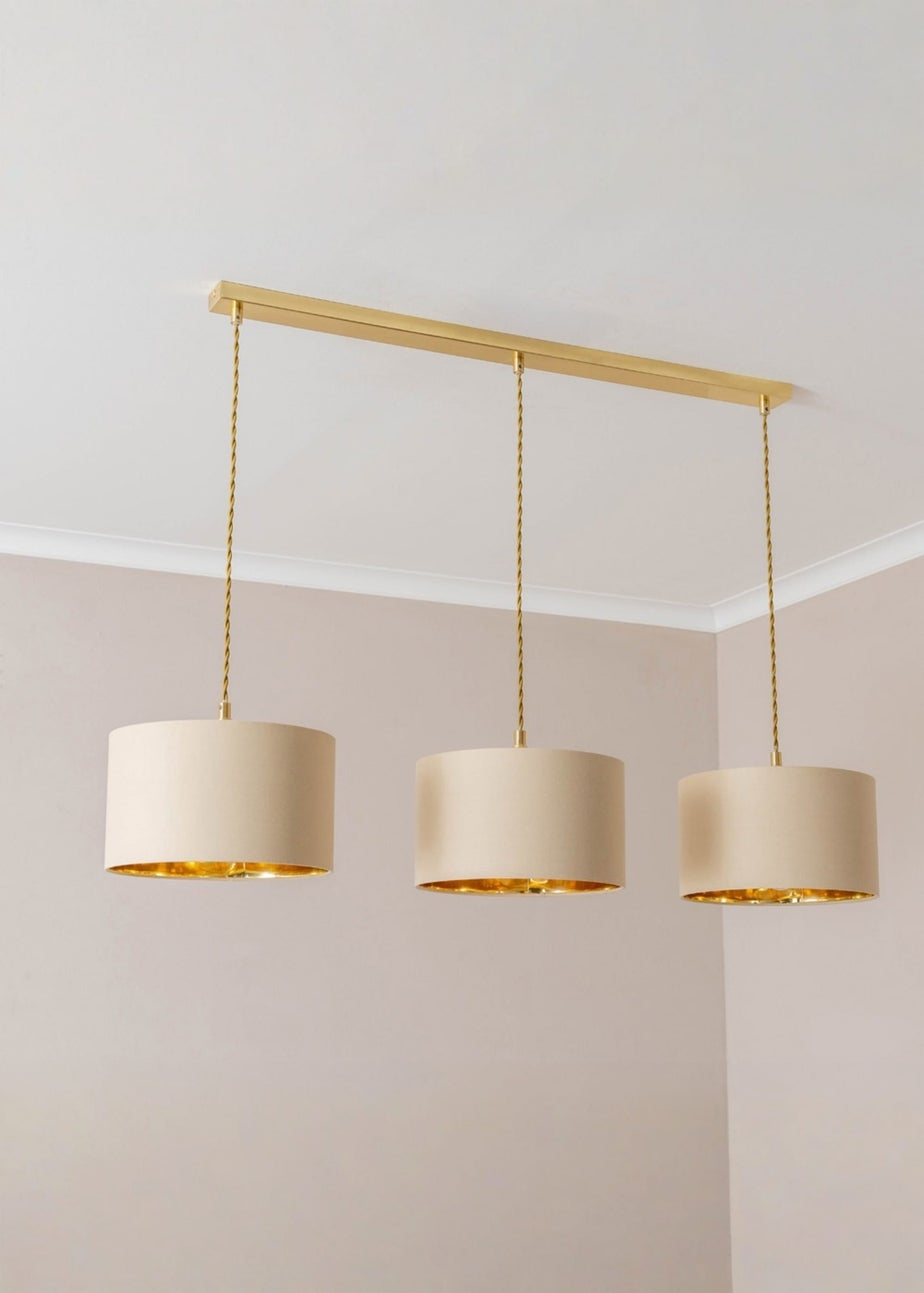 ValueLights Reni Natural & Gold Drum Shade 3 Drop Bar Diner Ceiling Light