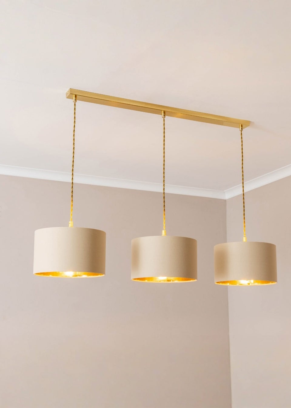 ValueLights Reni Natural & Gold Drum Shade 3 Drop Bar Diner Ceiling Light