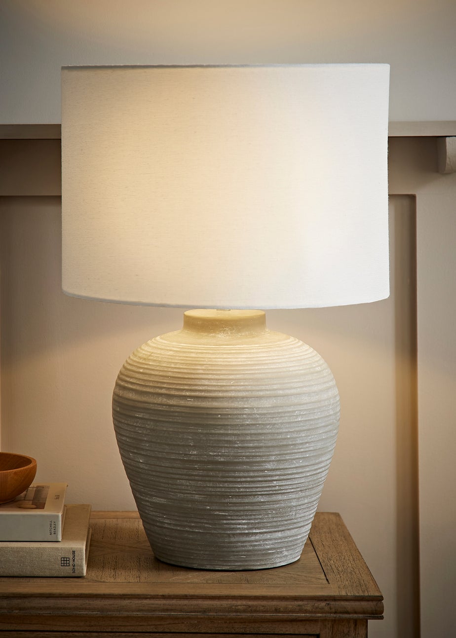 ValueLights Reid Linen Drum Shade Ribbed Ceramic Large Table Lamp