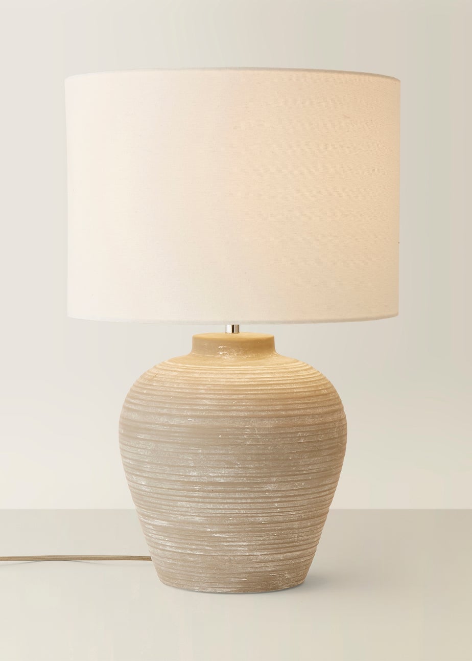 ValueLights Reid Linen Drum Shade Ribbed Ceramic Large Table Lamp