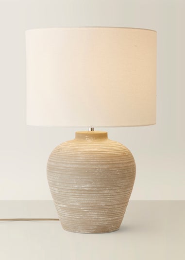 ValueLights Reid Linen Drum Shade Ribbed Ceramic Large Table Lamp