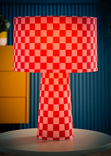 ValueLights Pritchard Pink Checkerboard Drum Shade Full Fabric Table Lamp