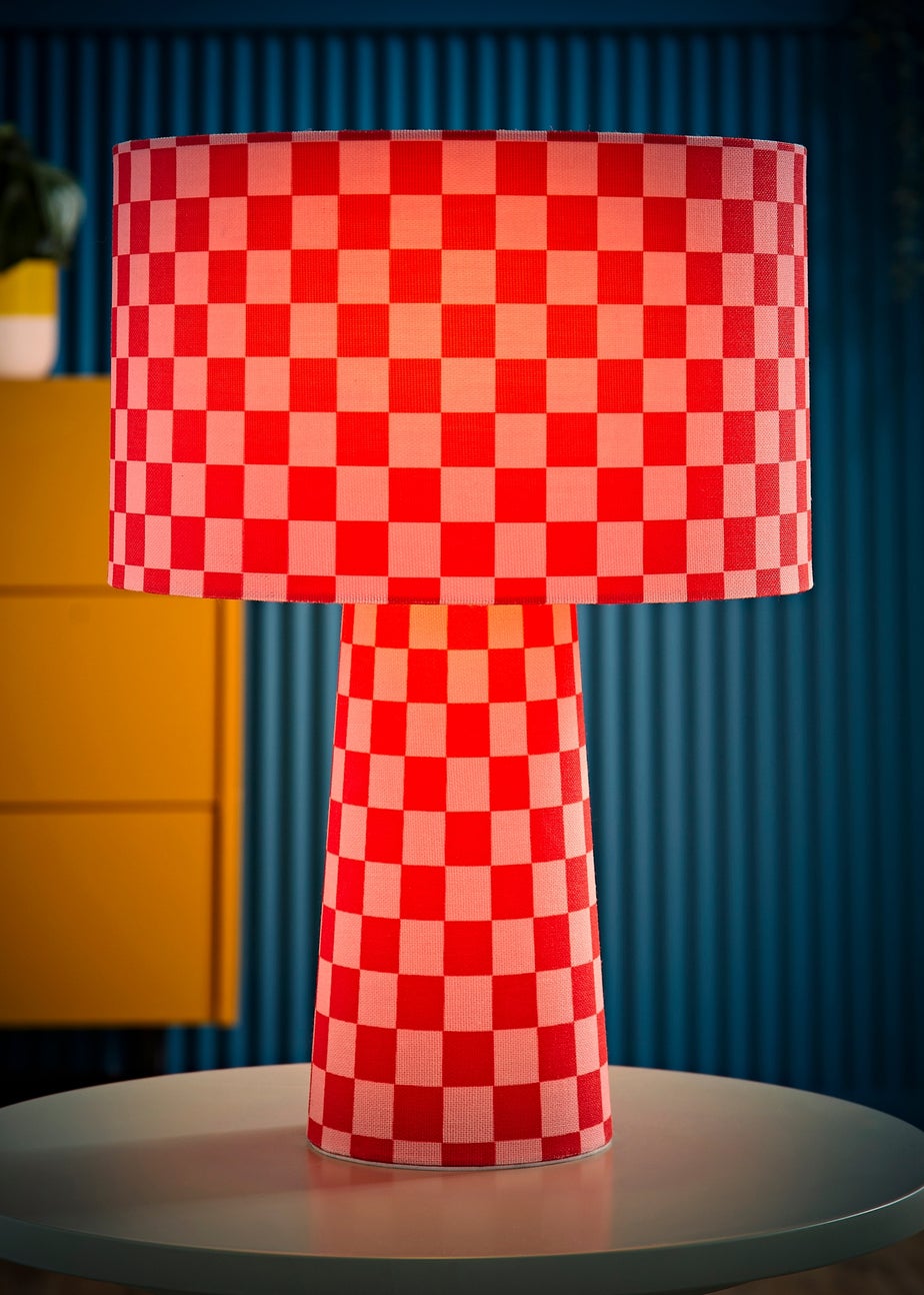 ValueLights Pritchard Pink Checkerboard Drum Shade Full Fabric Table Lamp
