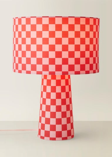 ValueLights Pritchard Pink Checkerboard Drum Shade Full Fabric Table Lamp
