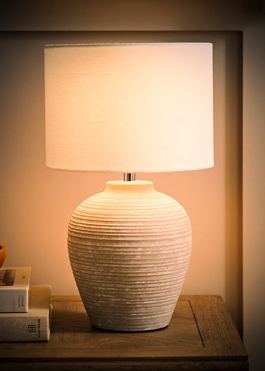 ValueLights Reid Linen Drum Lamp Shade Ribbed Ceramic Small Table Lamp