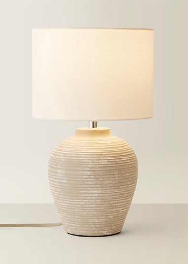 ValueLights Reid Linen Drum Lamp Shade Ribbed Ceramic Small Table Lamp