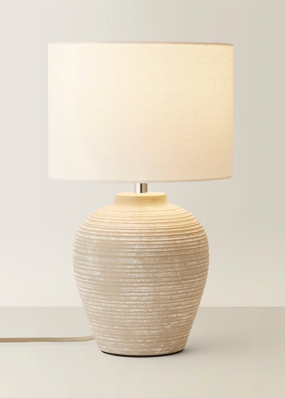 ValueLights Reid Linen Drum Lamp Shade Ribbed Ceramic Small Table Lamp