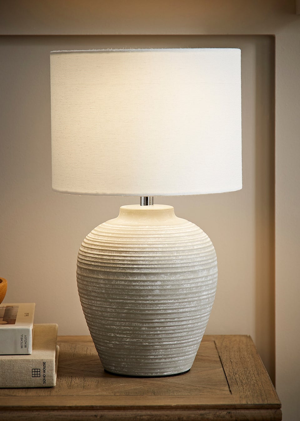 ValueLights Reid Linen Drum Lamp Shade Ribbed Ceramic Small Table Lamp