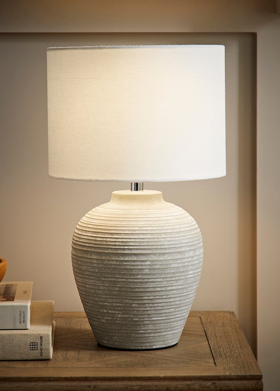 ValueLights Reid Linen Drum Lamp Shade Ribbed Ceramic Small Table Lamp