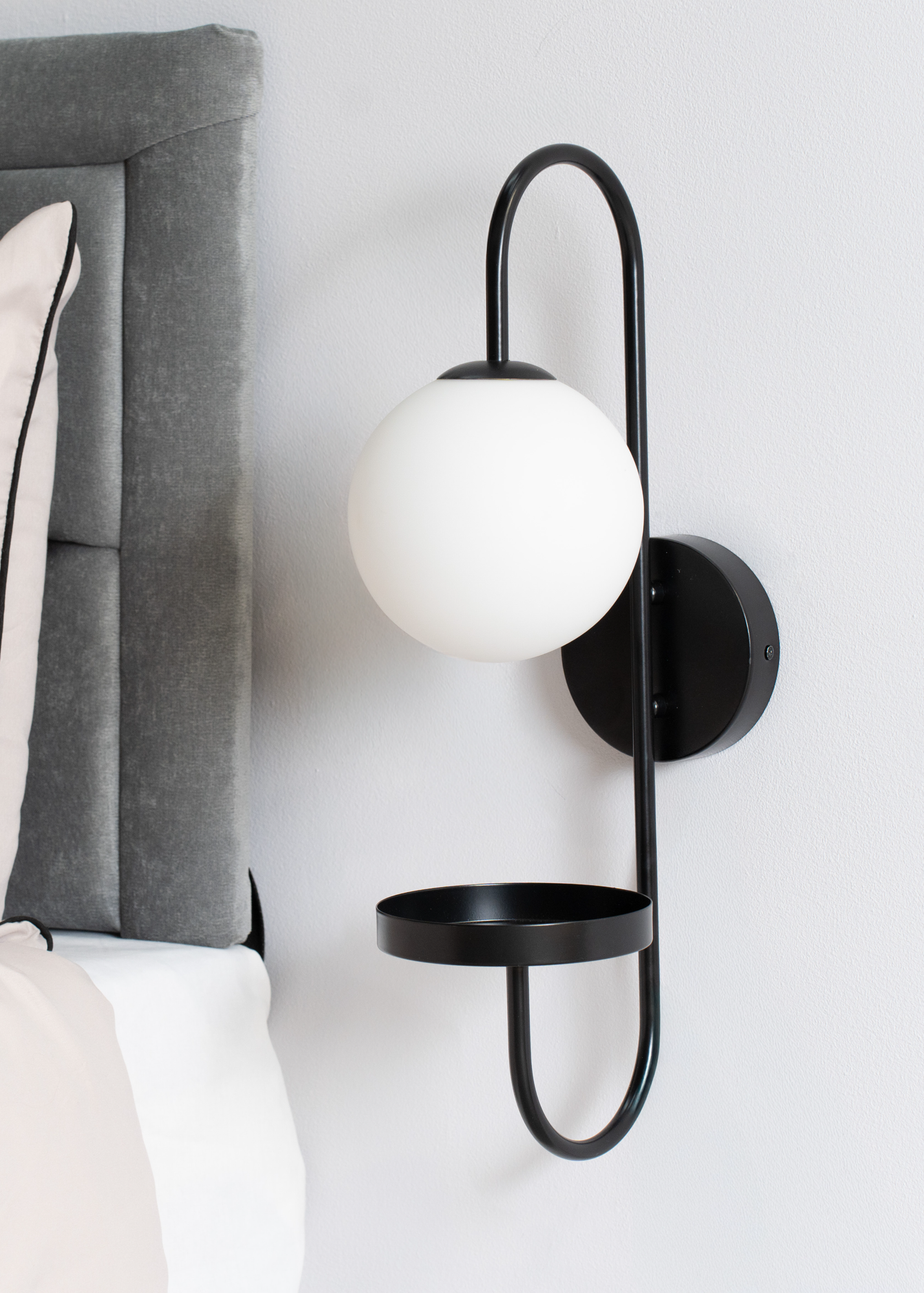 ValueLights Milo Frosted Glass Globe Shade Curved Wall Light with Shelf