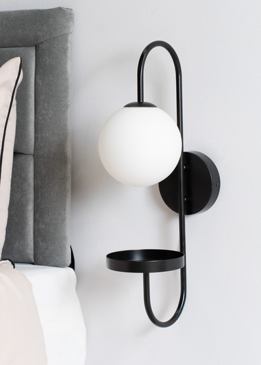 ValueLights Milo Frosted Glass Globe Shade Curved Wall Light with Shelf