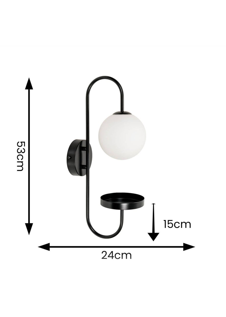 ValueLights Milo Frosted Glass Globe Shade Curved Wall Light with Shelf
