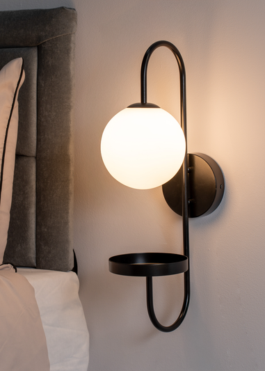 ValueLights Milo Frosted Glass Globe Shade Curved Wall Light with Shelf