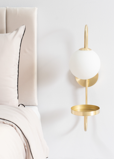 ValueLights Milo Frosted Glass Globe Shade Curved Wall Light with Shelf