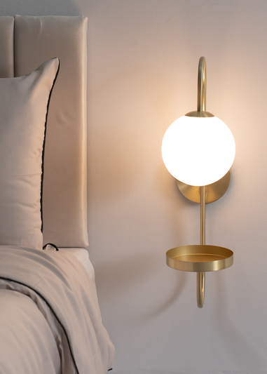 ValueLights Milo Frosted Glass Globe Shade Curved Wall Light with Shelf