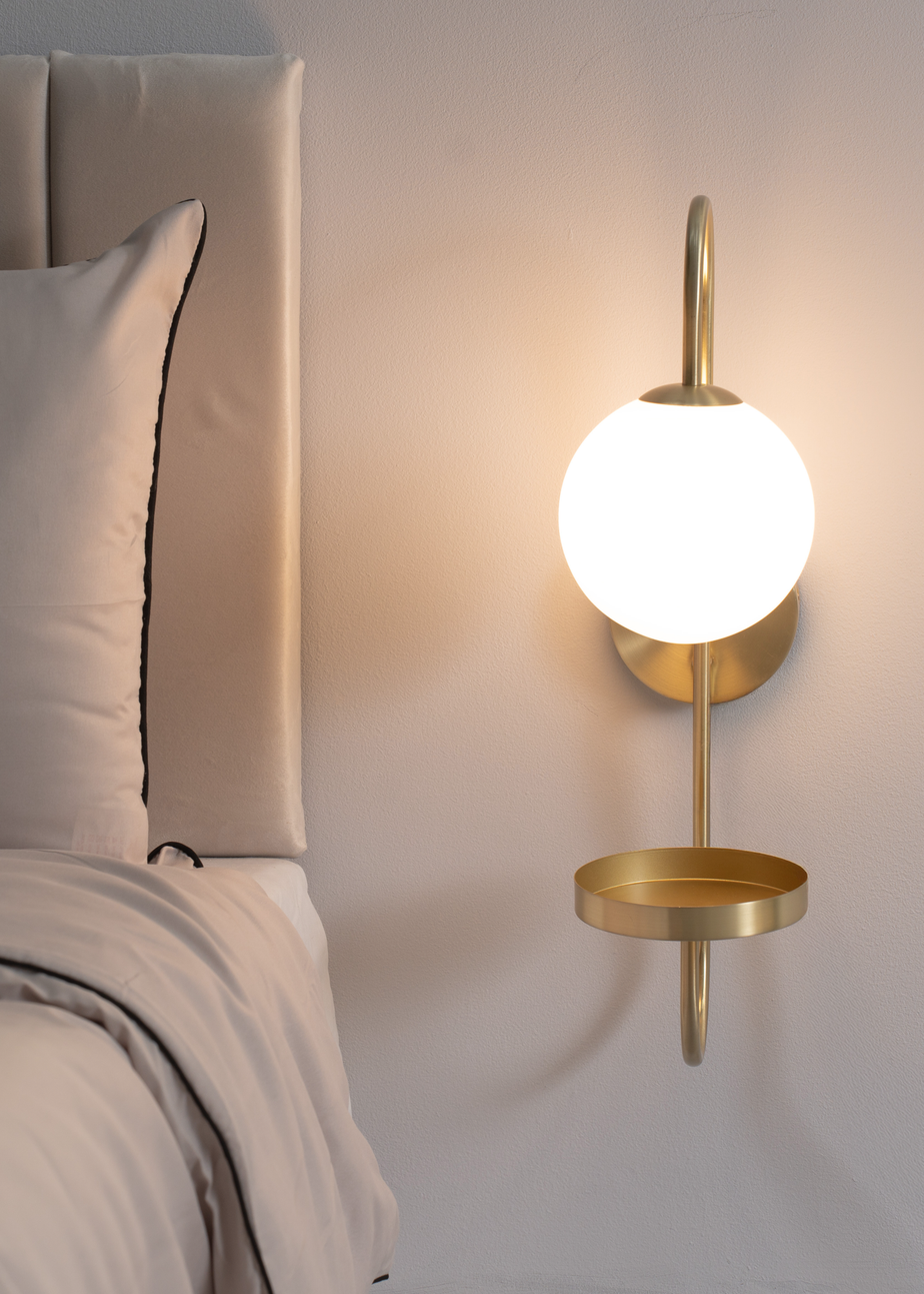 ValueLights Milo Frosted Glass Globe Shade Curved Wall Light with Shelf