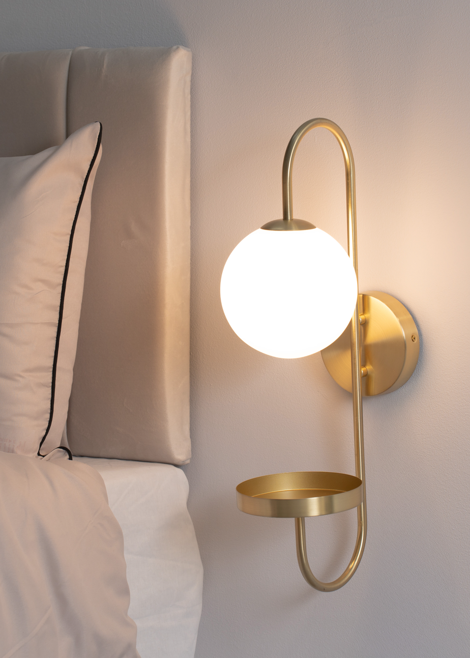 ValueLights Milo Frosted Glass Globe Shade Curved Wall Light with Shelf