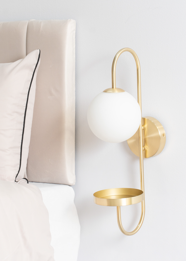 ValueLights Milo Frosted Glass Globe Shade Curved Wall Light with Shelf