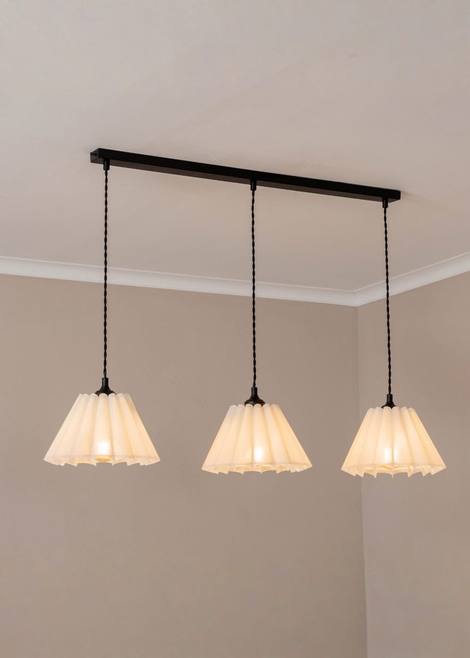 ValueLights Lauren White Pleated Shade 3 Drop Bar Matte Black Diner Ceiling Pendant Light