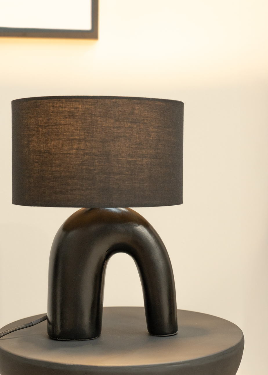 ValueLights Lia Black Fabric Drum Lamp Shade Black Arch Abstract Ceramic Table Lamp