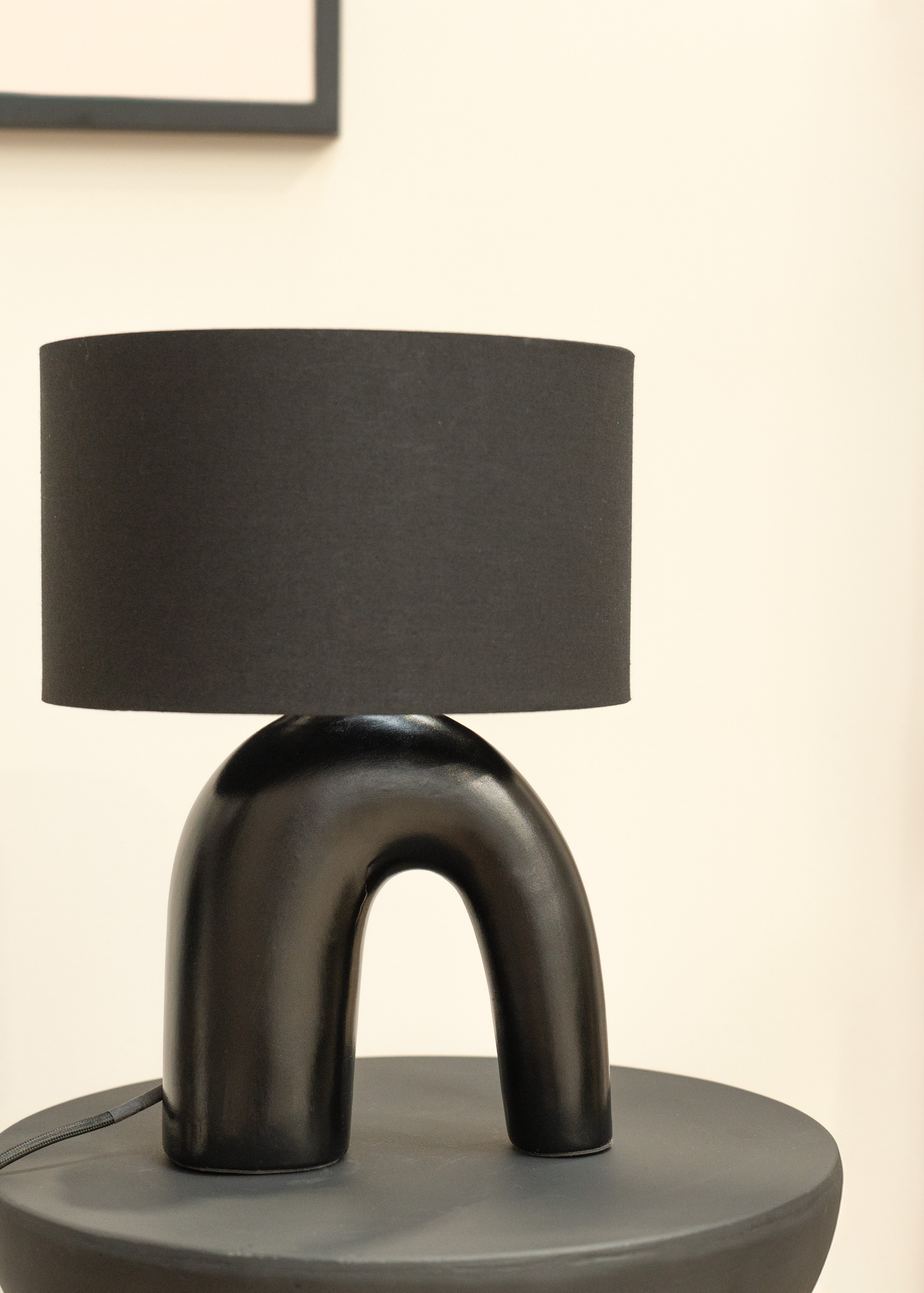 ValueLights Lia Black Fabric Drum Lamp Shade Black Arch Abstract Ceramic Table Lamp