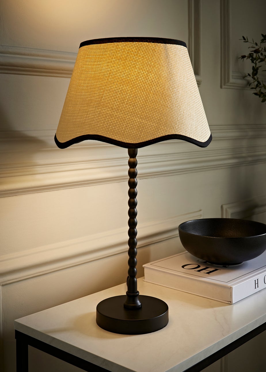 ValueLights Maeve Natural Scallop Black Trim Drum Shade Bobbin Bobble Table Lamp