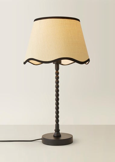 ValueLights Maeve Natural Scallop Black Trim Drum Shade Bobbin Bobble Table Lamp