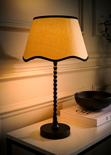 ValueLights Maeve Natural Scallop Black Trim Drum Shade Bobbin Bobble Table Lamp