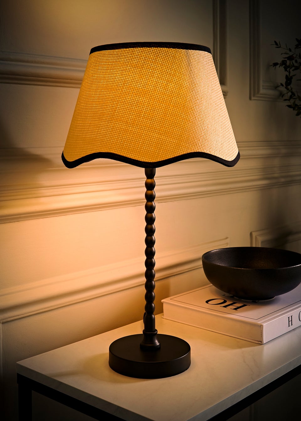 ValueLights Maeve Natural Scallop Black Trim Drum Shade Bobbin Bobble Table Lamp