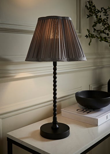ValueLights Maeve Pleated Faux Silk Scallop Shade Black Bobbin Bobble Table Lamp