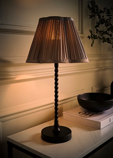 ValueLights Maeve Pleated Faux Silk Scallop Shade Black Bobbin Bobble Table Lamp
